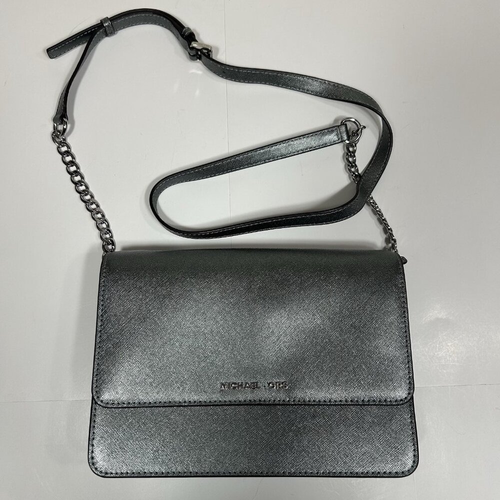 MICHAEL Michael Kors Womens Large Gusset Crossbody Light Pewter Silver Metallic - Picture 2 of 11